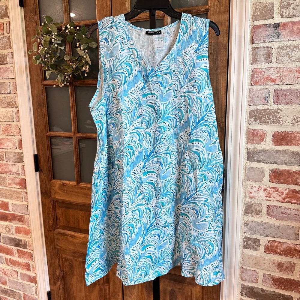APNY Dress Women XL Blue White 100% Linen Sleeveless V-Neck Pocket Coastal Print